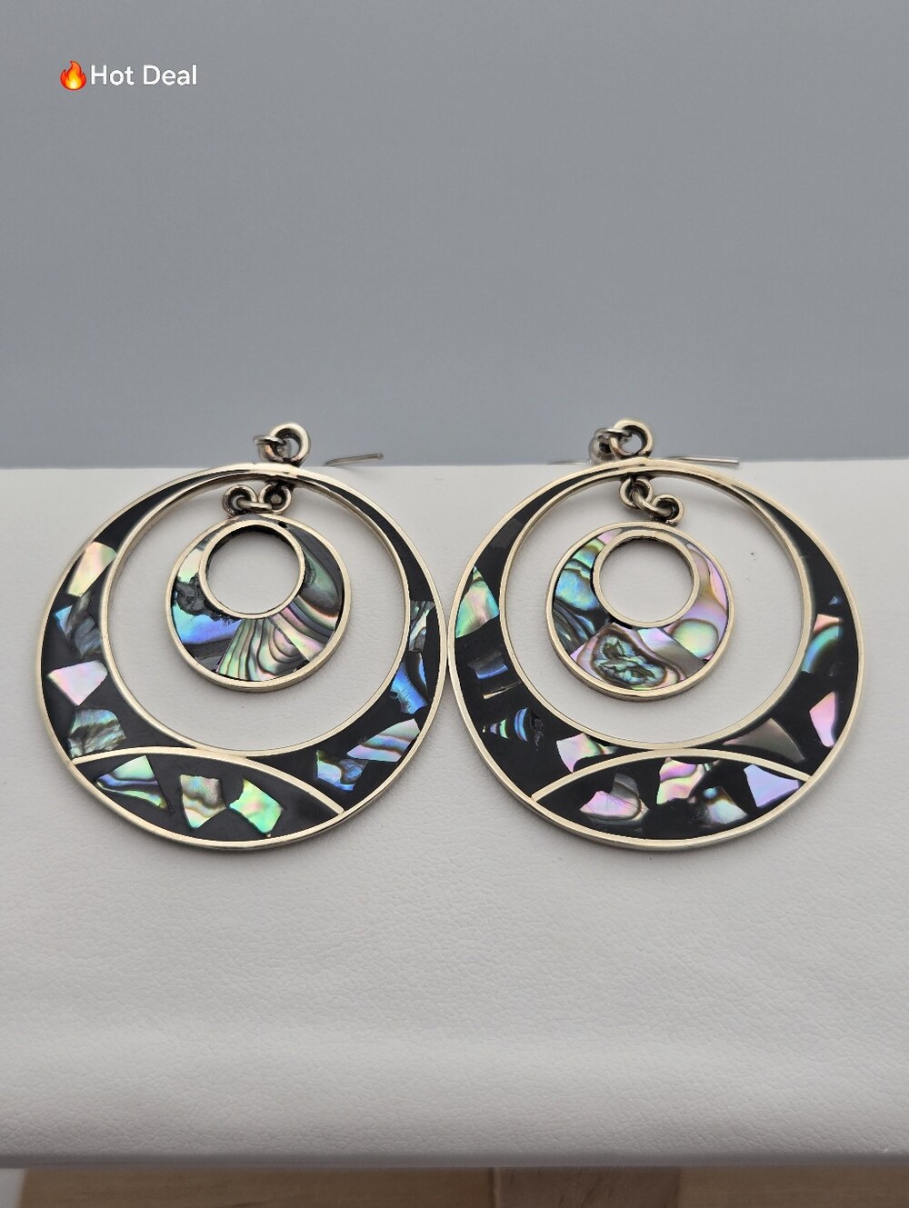 Mexican Alpaca Silver Abalone Shell Earrings Black Enamel Round Dangle 2"